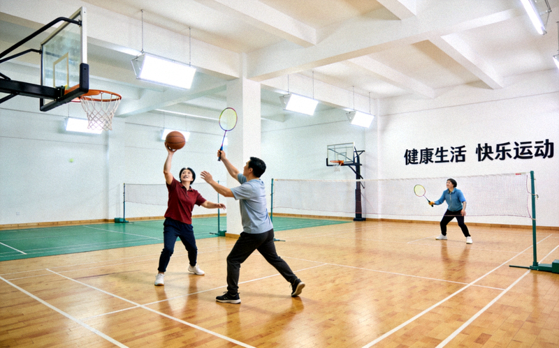 便民社区运动场馆室内场景 - 明亮的灯光下，居民在打篮球和羽毛球