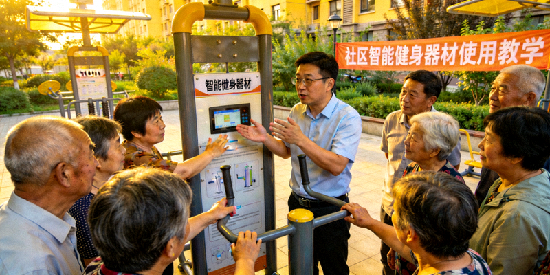 社区智能健身器材使用教学活动现场 - 工作人员指导居民