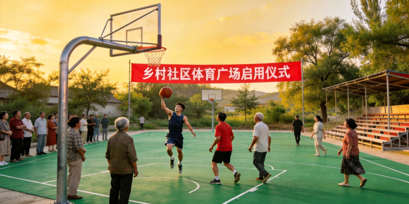 乡村社区体育广场启用仪式 - 村民在新建的篮球场上运动