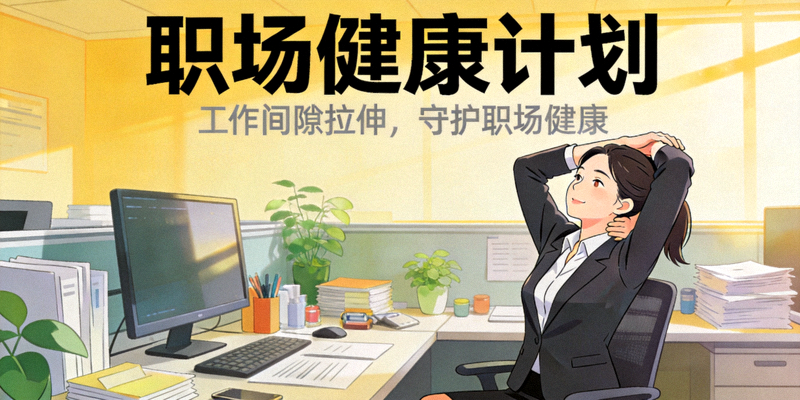 职场健康计划推广 - 办公室职员在工作间隙进行工位拉伸练习