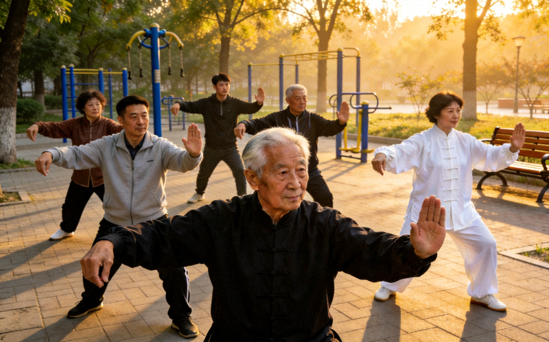 北京朝阳社区公园晨练活动 - 老年人与年轻人在公园集体打太极拳
