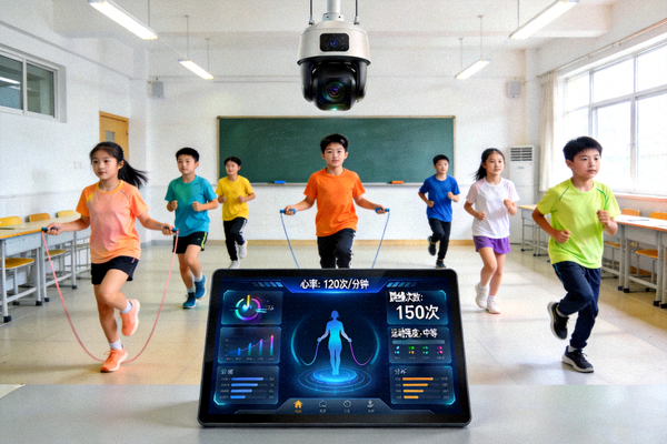 中小学智慧体育课堂 - 学生们在AI摄像头前进行运动，屏幕实时显示分析数据