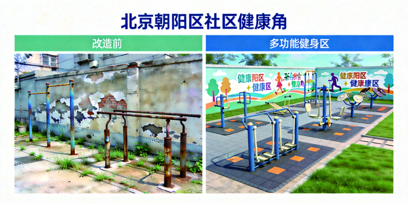 北京朝阳区‘社区健康角’改造前后对比图 - 老旧空间变为多功能健身区