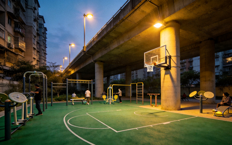 某城市社区利用高架桥下空间改造的灯光篮球场与健身区