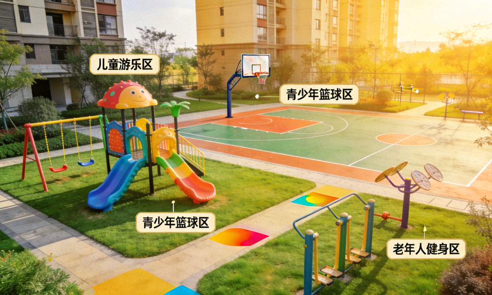 全龄友好型社区体育公园 - 包含儿童游乐、青少年篮球、老年人健身区