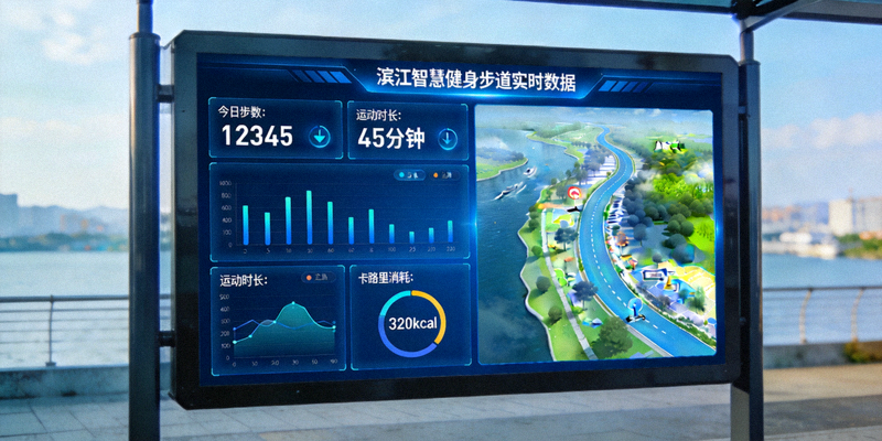 智慧健身步道数据大屏 - 显示市民在滨江智慧步道上的实时运动数据统计