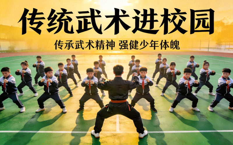 传统武术进校园活动 - 小学生在教练指导下练习武术基本功