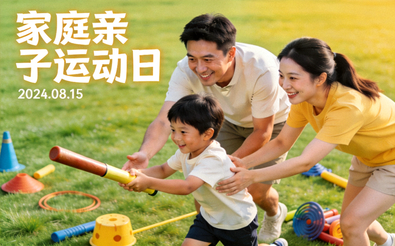 家庭亲子运动日 - 父母与孩子共同参与趣味运动游戏，笑容满面