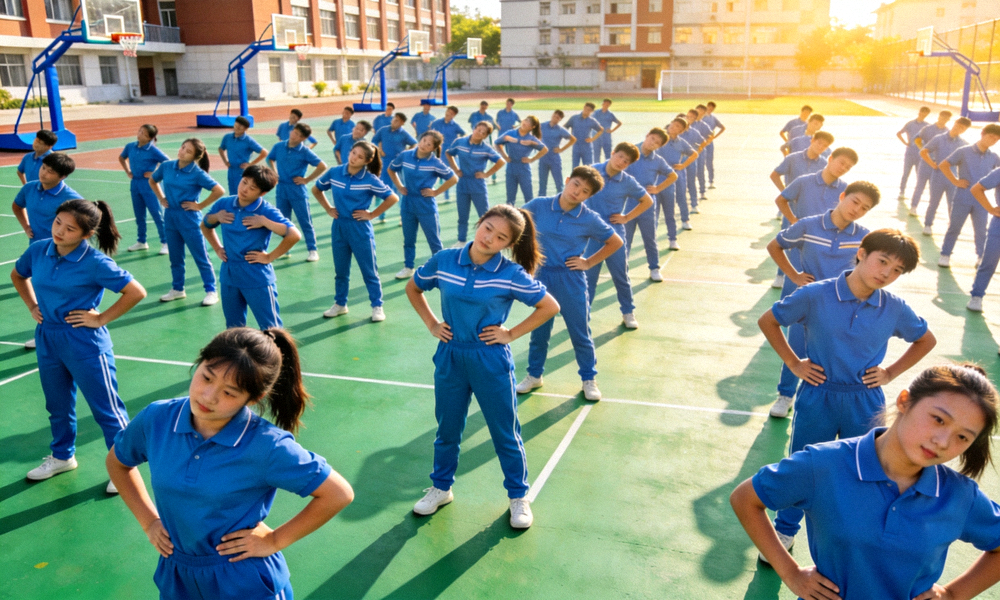 青少年在校园操场进行集体体能训练活动 - 学生们整齐列队进行热身运动