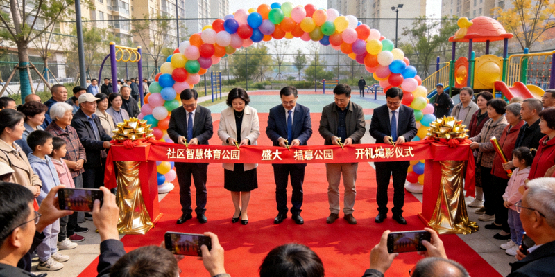 社区智慧体育公园盛大开幕剪彩仪式现场 - 领导嘉宾共同剪彩，群众围观