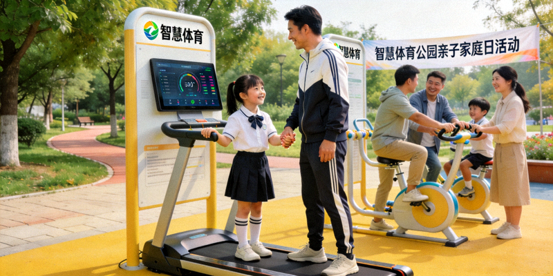 智慧体育公园亲子家庭日活动 - 家长和孩子一起使用智能设施锻炼