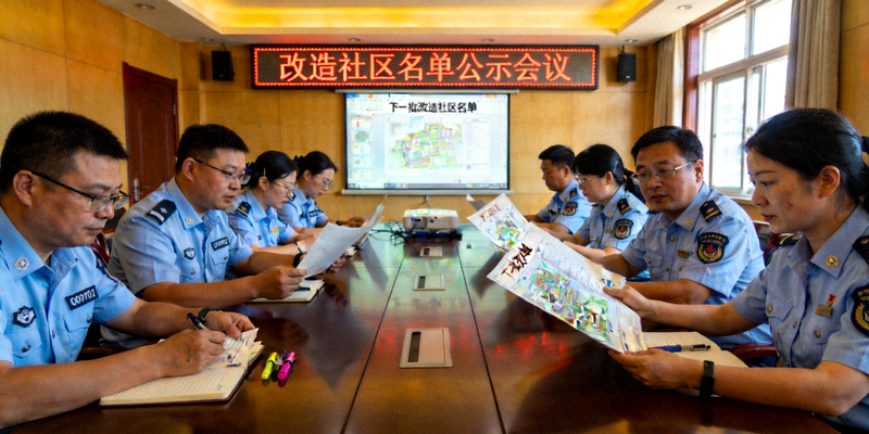下一批改造社区名单公示会议 - 工作人员在会议室讨论规划图纸