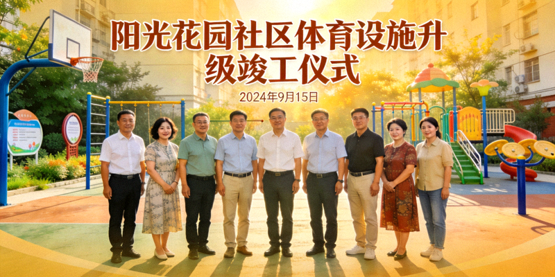 阳光花园社区体育设施升级竣工仪式 - 居民代表与工作人员在新设施前合影