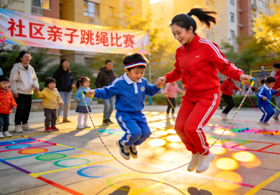 家庭在社区运动会上参与亲子跳绳比赛