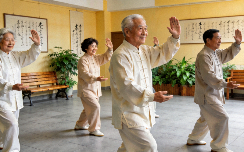 老年人在社区活动中心练习太极拳，氛围轻松愉快