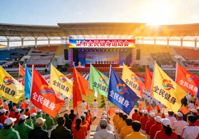 某市全民健身运动会开幕式，市民代表挥舞旗帜