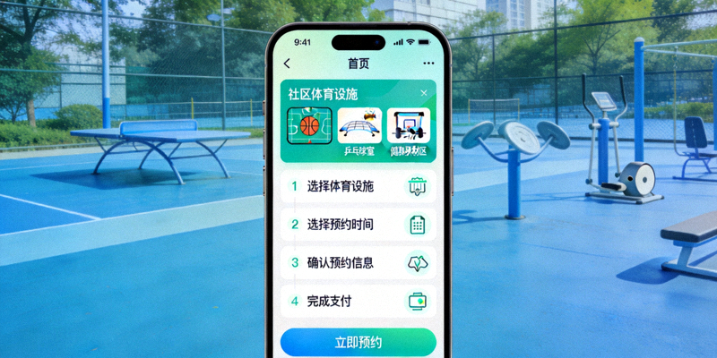 社区居民通过手机APP预约社区体育设施 - 界面展示预约流程