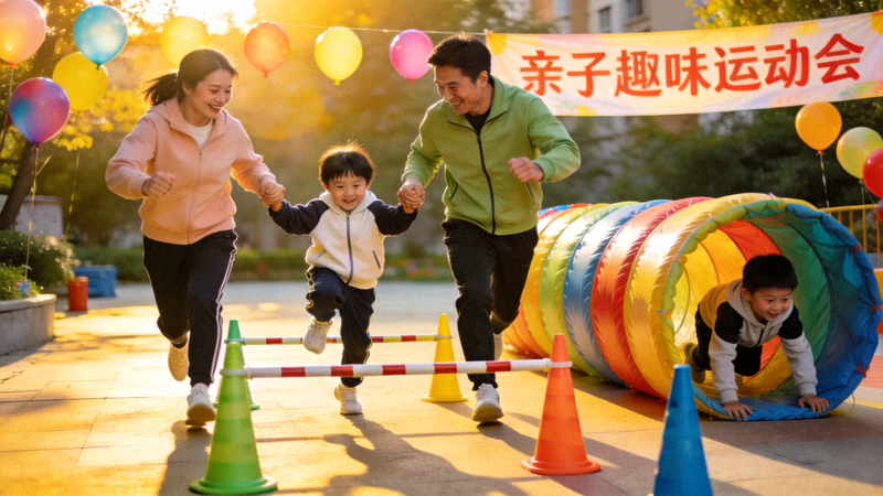 社区亲子运动会上，家长和孩子一起参加趣味障碍跑