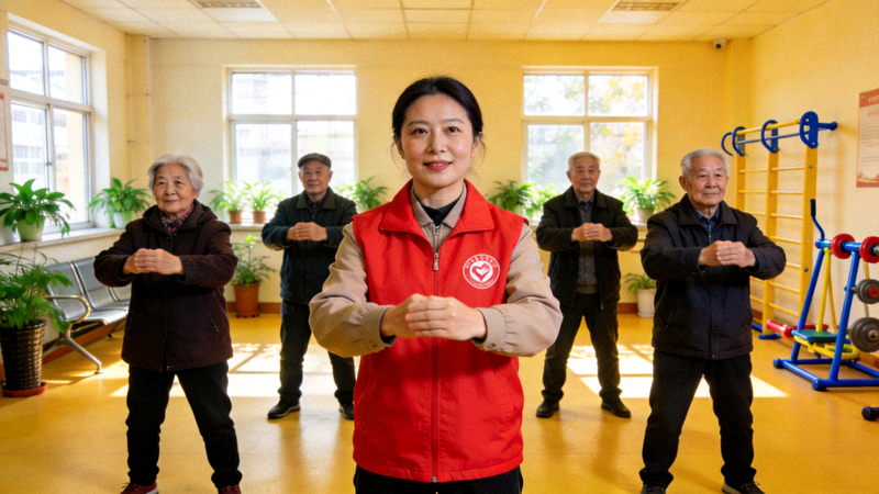 社区志愿者带领老年人做健身操，背景是社区活动中心