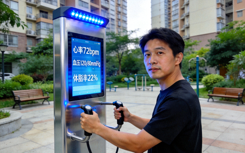 市民使用智能体测设备进行免费体质检测，屏幕显示健康数据