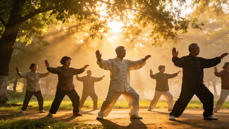 市民在清晨的公园打太极拳，阳光透过树叶洒下