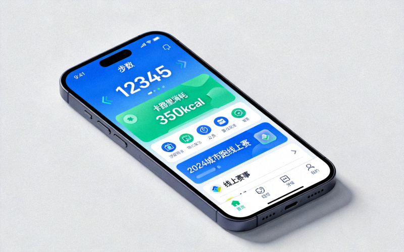 手机屏幕显示运动APP界面，包含步数、卡路里和线上赛事