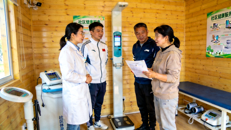 医生与运动康复师在社区健康小屋为居民提供体测咨询