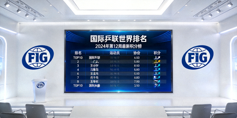 国际乒联世界排名发布会现场大屏幕展示最新积分榜