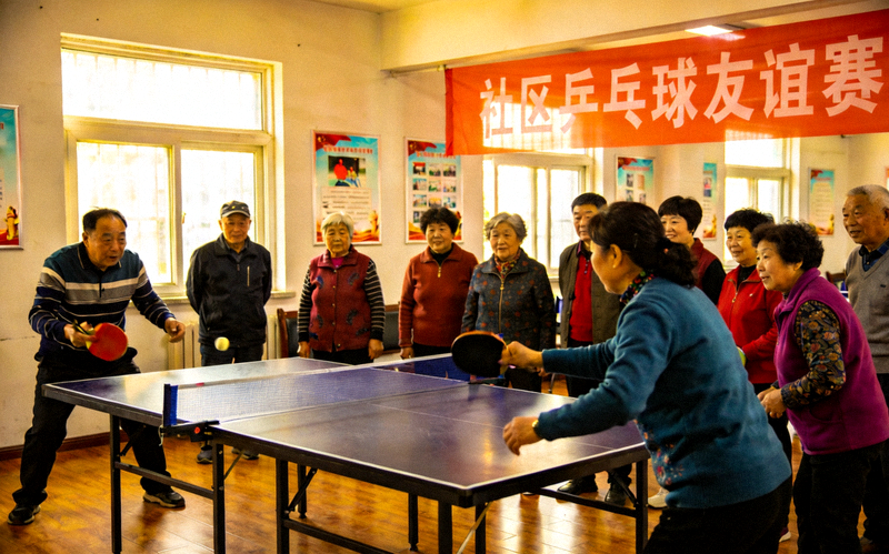 社区乒乓球友谊赛 - 居民在活动室切磋球技