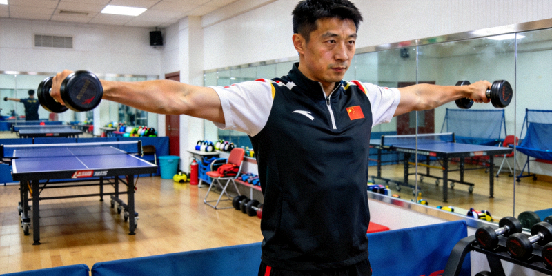 中国乒乓球选手马龙在训练馆内进行体能训练