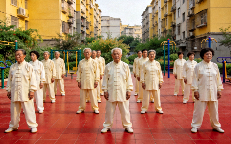社区广场太极活动 - 中老年人整齐练习太极拳