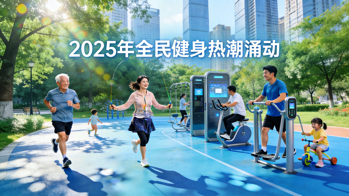 2025年全民健身热潮涌动 - 不同年龄层市民在现代化城市公园中跑步、跳舞、使用智能健身器材的活力场景