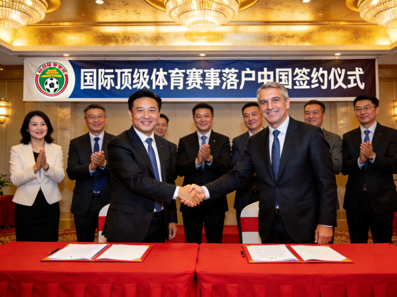 国际顶级体育赛事落户中国签约仪式现场，嘉宾握手庆祝合作达成