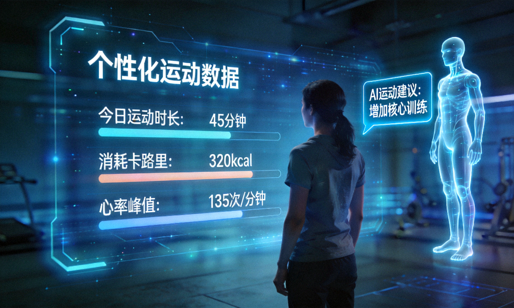 科技赋能智慧健身概念图 - 用户通过全息投影界面与AI健康助手互动，查看个性化运动数据与建议
