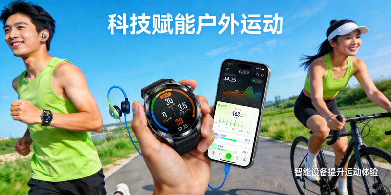 科技体育生活相关文章配图 - 人们使用智能设备进行户外运动