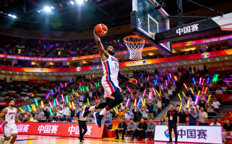 NBA篮球巨星在中国赛场上演精彩扣篮，引爆全场观众热情