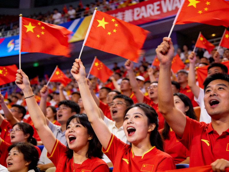 现场观众挥舞国旗，为中国队加油助威，气氛热烈