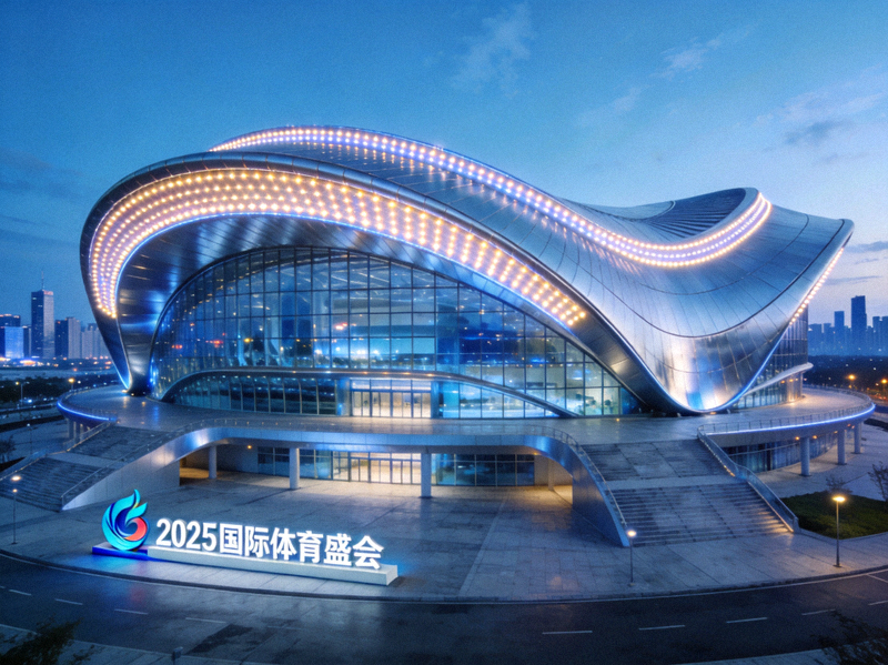 现代化体育场馆外观，设计充满未来感，迎接国际赛事