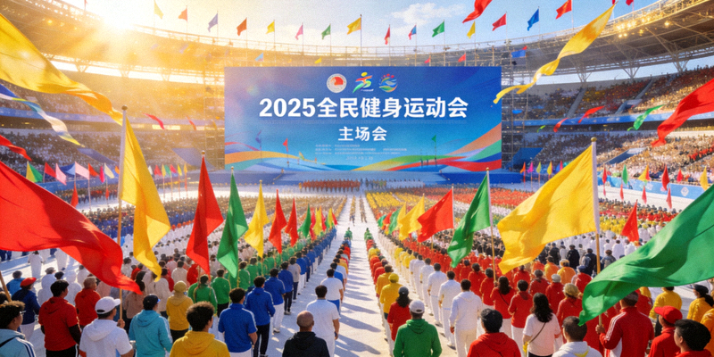 2025全民健身运动会主会场全景 - 彩旗飘扬，人山人海