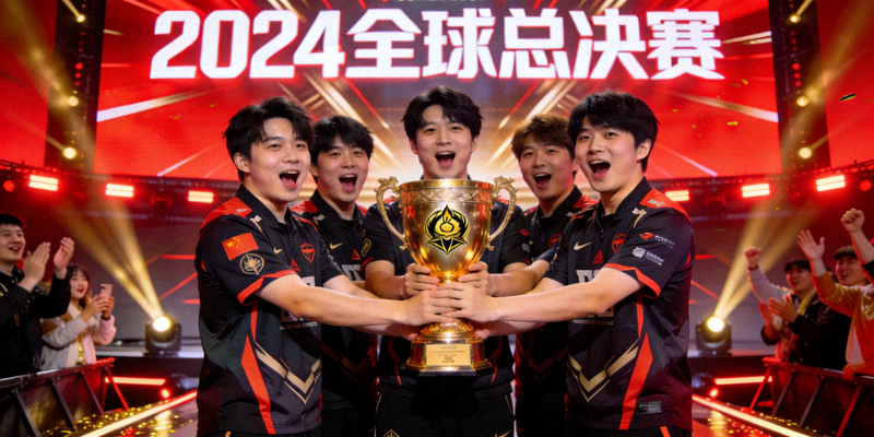 中国电竞战队在决赛舞台上捧起冠军奖杯