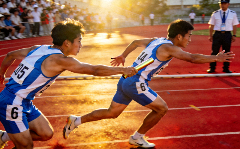 4x100米接力赛交接棒瞬间，团队配合默契