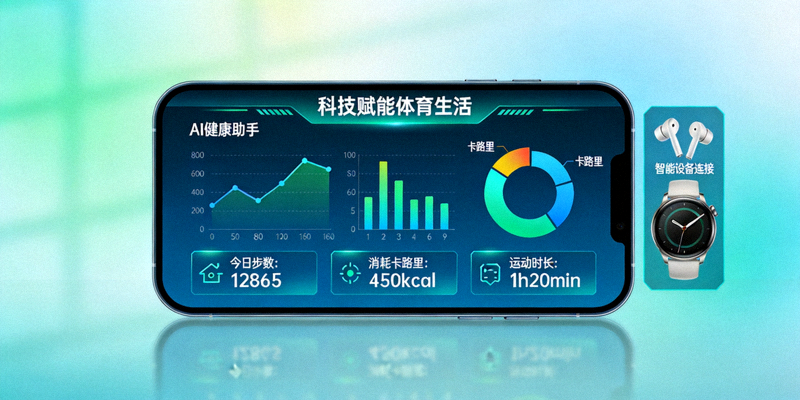 科技赋能体育生活概念图 - AI健康助手界面展示运动数据