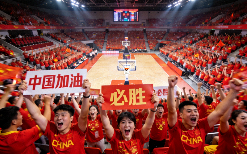 篮球赛场全景，中国队主场观众热情呐喊助威
