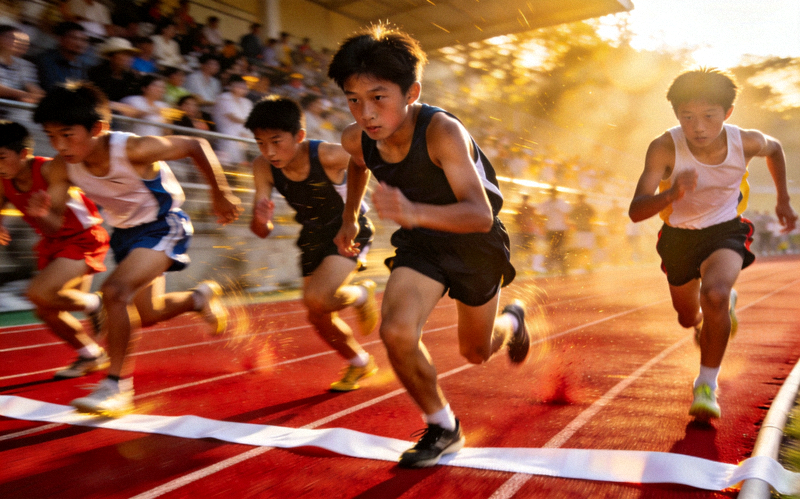 青少年男子100米决赛冲刺瞬间 - 多名年轻运动员全力冲线