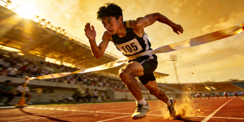 青少年男子100米决赛冲刺瞬间 - 运动员咬紧牙关全力撞线
