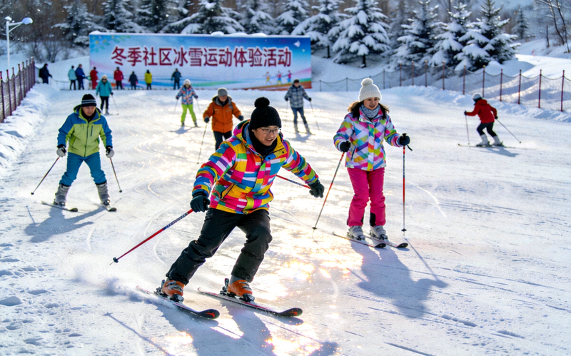 冬季社区冰雪运动体验活动 - 参与者在雪道上体验滑雪乐趣