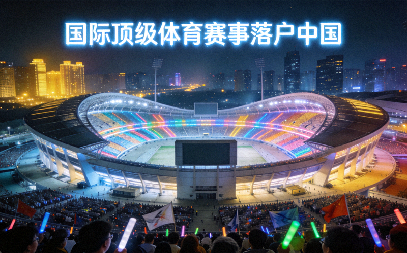 国际顶级体育赛事落户中国 - 大型体育场夜景灯光璀璨、观众席座无虚席的场景