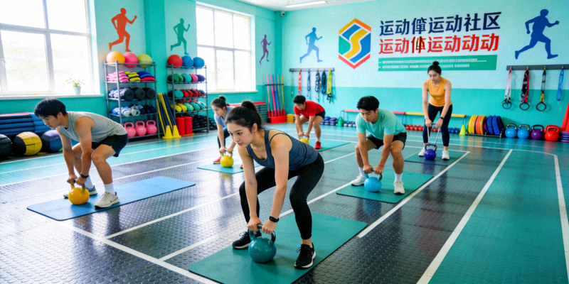 明亮整洁的社区体育馆内，运动爱好者正在进行场地训练