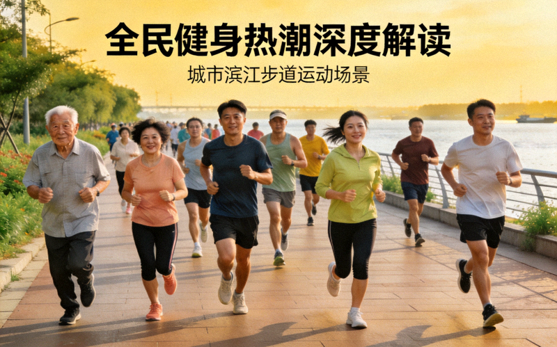 全民健身热潮深度解读 - 城市滨江步道上不同年龄市民参与跑步与健走的群体画面