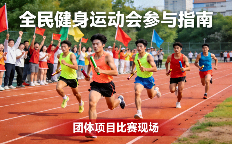 全民健身运动会参与指南 - 参赛运动员在田径场上进行团体项目比赛的热闹场面